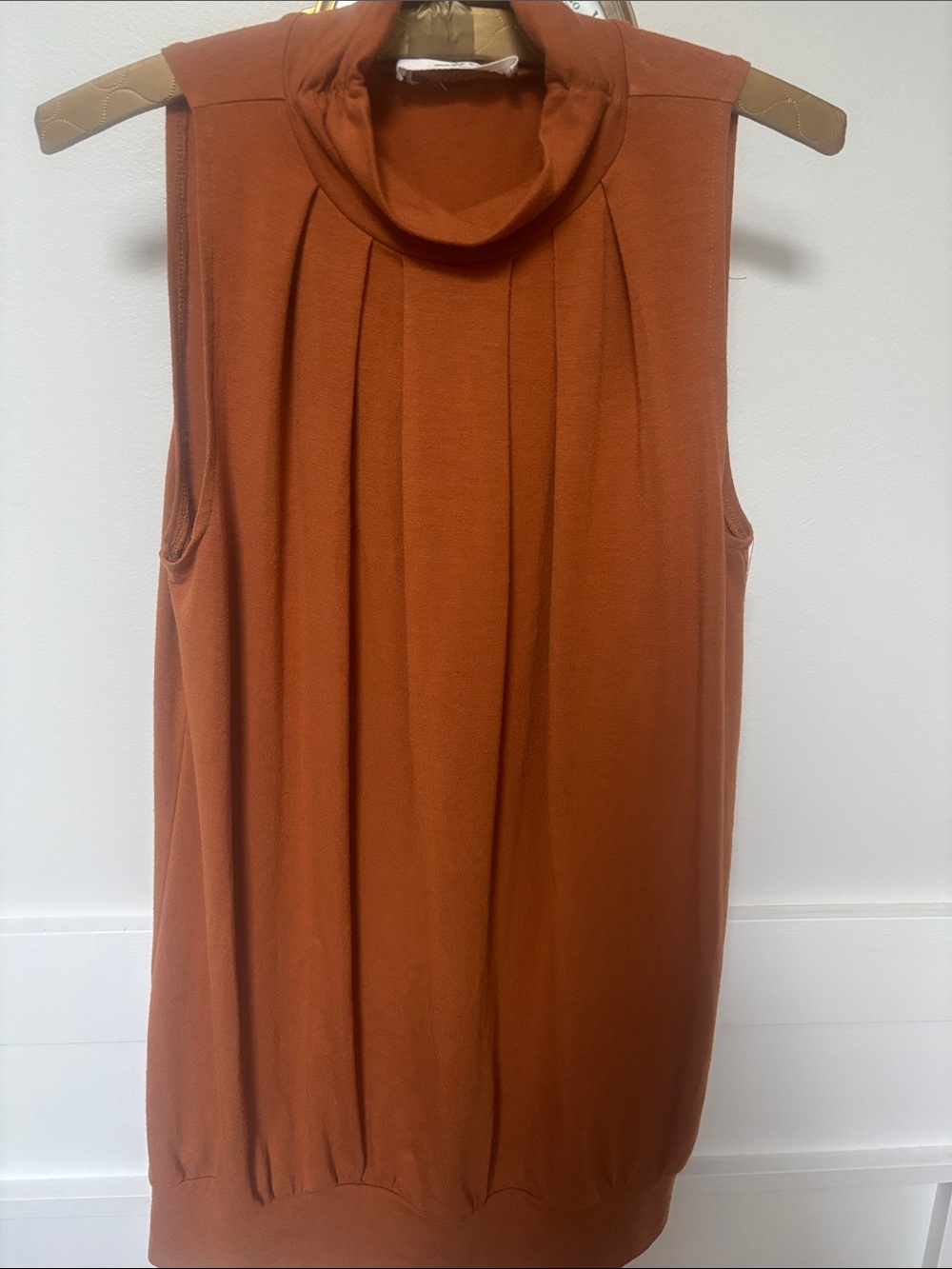 Sleeveless Pleated Mock Neck Top - Rust